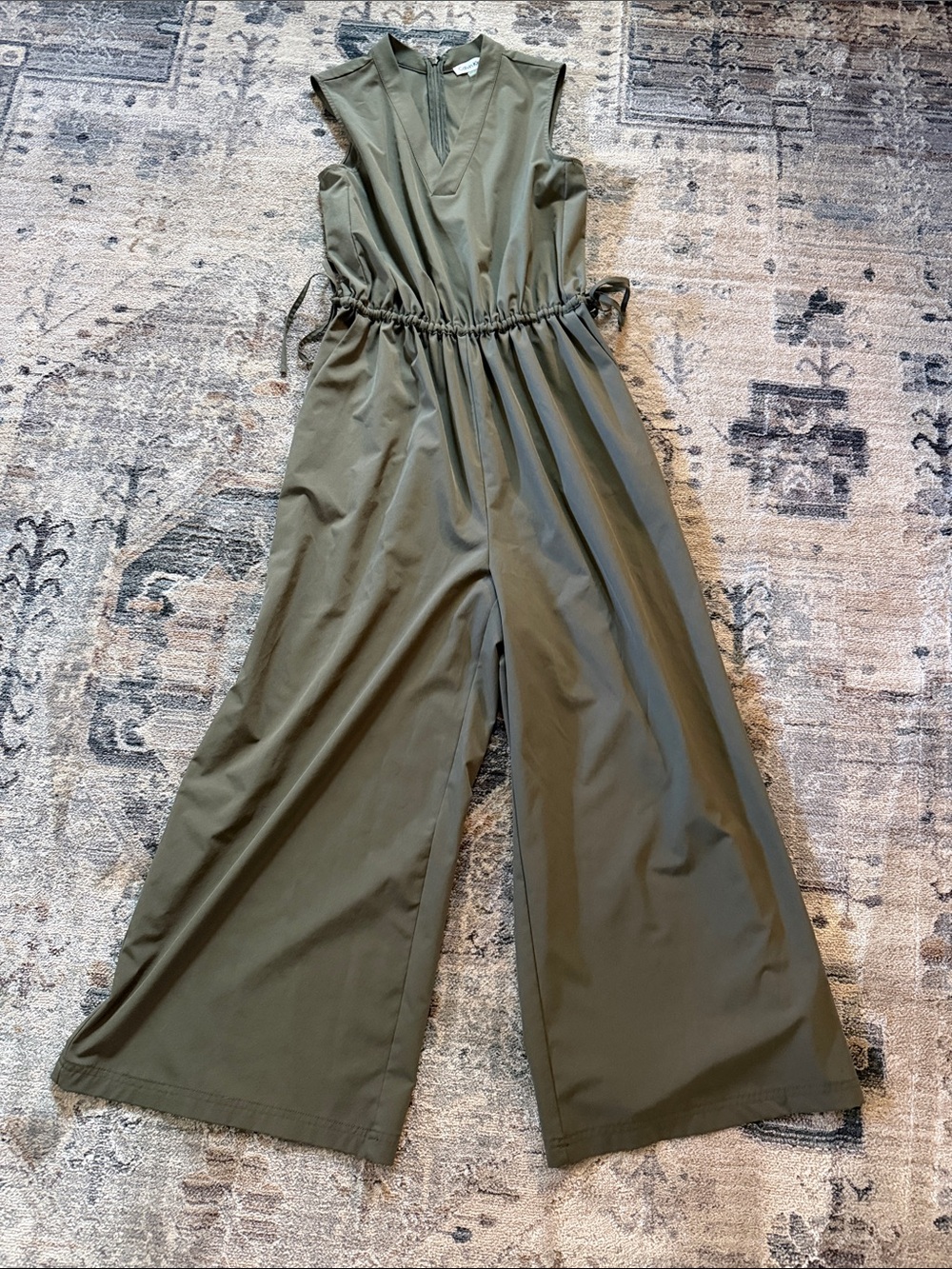Calvin Klein Olive Green Sleeveless Wide-Leg Jumpsuit with Drawstring Waist